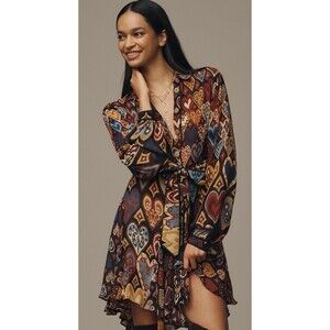Anthropologie Farm Rio Mini Shirt Dress Hearts Ikat Long Sleeve Vacay Small NWT